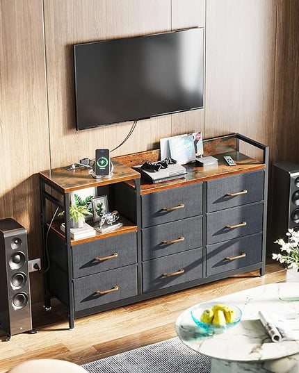 ODK Dresser with Charging Station, 52-Inch Long Dresser TV Stand for Bedroom, Large Dresser with 8 Storage Drawers, Chest of Drawers Easy-Pull Fabric Dressers for Living Room, Vintage and Dark Grey - LeafyLoom