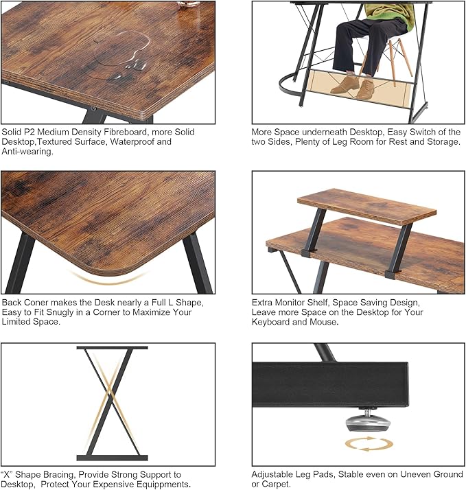 Mr IRONSTONE L Shaped Computer Desk: Corner Desk, Home Office Desk, Gaming Writing Workstation with Large Monitor Stand, Easy to Assemble (Rustic Brown,51 Inch) - LeafyLoom