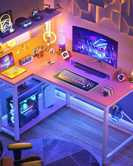 Homieasy Small Gaming Desk with Power Outlets Pegboard LED Light, 43 Inch L Shaped Computer Desk with Monitor Stand Storage Shelves, Reversible Corner Desk with Headset Hooks, Carbon Pink - LeafyLoom
