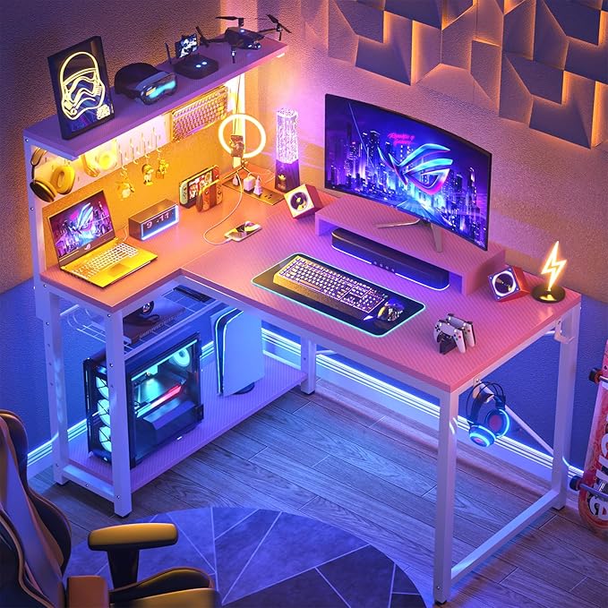 Homieasy Small Gaming Desk with Power Outlets Pegboard LED Light, 43 Inch L Shaped Computer Desk with Monitor Stand Storage Shelves, Reversible Corner Desk with Headset Hooks, Carbon Pink - LeafyLoom