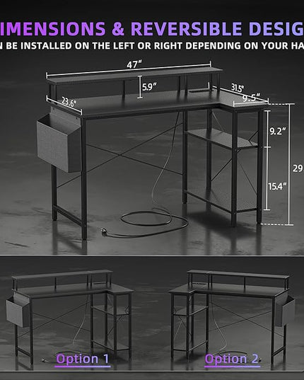 Gaming Desk with Power Outlets and LED Lights, 47 Inch L Shaped Computer Desk with Monitor Stand and Storage Shelves, Corner Desk Small Computer Table Desk for Home Office, Carbon Fiber Black - LeafyLoom