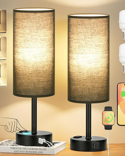 Black Touch Table Lamps Set - 3 Way Dimmable Bedroom Bedside Lamps Set of 2 with USB C and A Ports, Small Lamps for Nightstand with AC Outlet, Round Flaxen Shade for Desk, Office, Dorm, Nursery - LeafyLoom