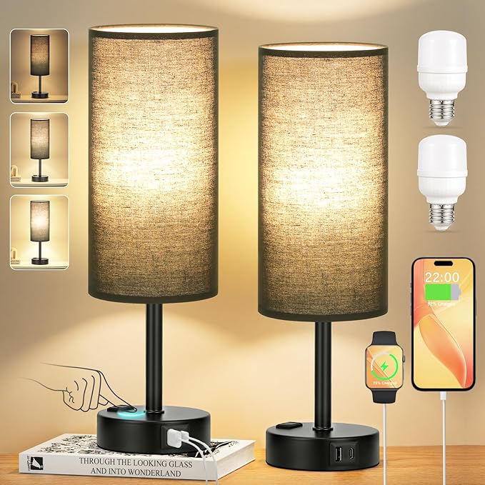 Black Touch Table Lamps Set - 3 Way Dimmable Bedroom Bedside Lamps Set of 2 with USB C and A Ports, Small Lamps for Nightstand with AC Outlet, Round Flaxen Shade for Desk, Office, Dorm, Nursery - LeafyLoom