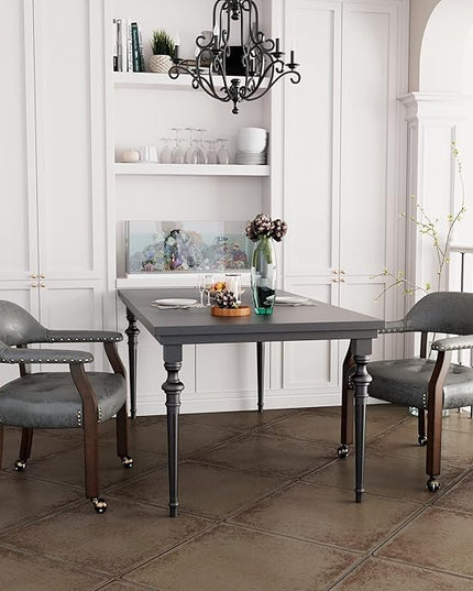 Dining Chairs with Casters and Arms, Large Rolling Dining Chairs with Wheels, Accent Wood Boss Caption's Chairs, 26" D x 25.2" W x 31.5" H, Cherry Legs & Dark Grey Fabric SY-1533-GY - LeafyLoom