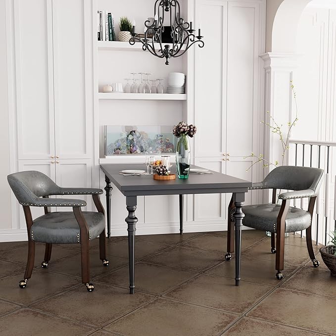 Dining Chairs with Casters and Arms, Large Rolling Dining Chairs with Wheels, Accent Wood Boss Caption's Chairs, 26" D x 25.2" W x 31.5" H, Cherry Legs & Dark Grey Fabric SY-1533-GY - LeafyLoom