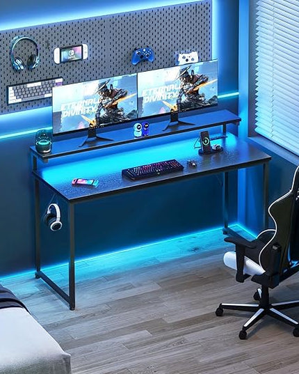 AODK Computer Desk, 55 Inch Gaming Desk with LED Lights and Power Outlet, Office Desk with Adjustable Monitor Shelf (3 Heights), Computer Table Work Desk for Home/Bedroom, Black - LeafyLoom