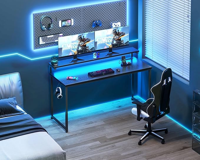 AODK Computer Desk, 55 Inch Gaming Desk with LED Lights and Power Outlet, Office Desk with Adjustable Monitor Shelf (3 Heights), Computer Table Work Desk for Home/Bedroom, Black - LeafyLoom