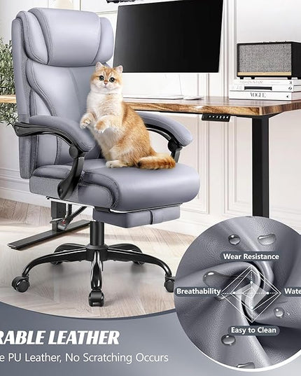 Office Chair, Executive Leather Chair Big and Tall Ergonomic Computer Desk Chair, Comfy Swivel Rolling Reclining Lumbar Support Task Chair with Adjustable High Back Foot Rest for Home Gaming - LeafyLoom