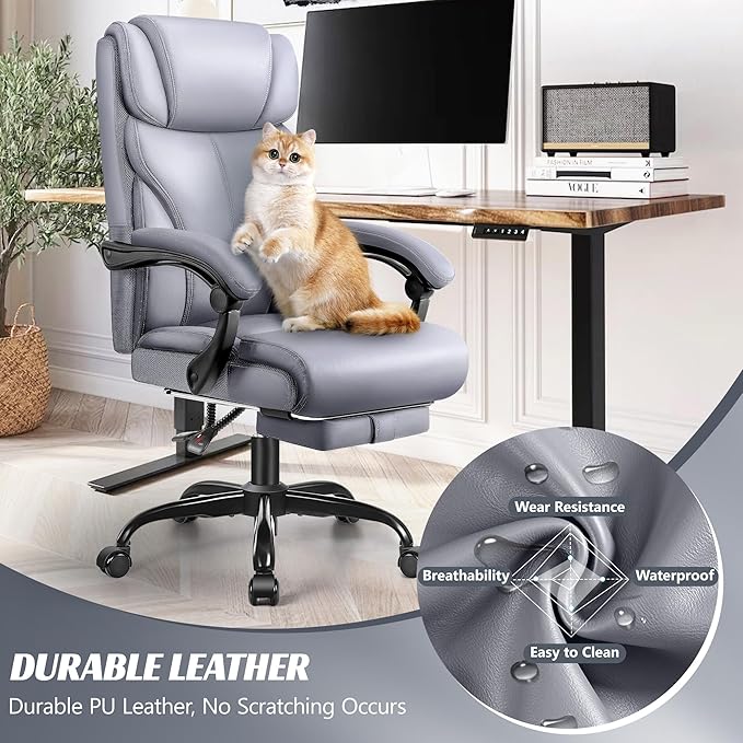 Office Chair, Executive Leather Chair Big and Tall Ergonomic Computer Desk Chair, Comfy Swivel Rolling Reclining Lumbar Support Task Chair with Adjustable High Back Foot Rest for Home Gaming - LeafyLoom