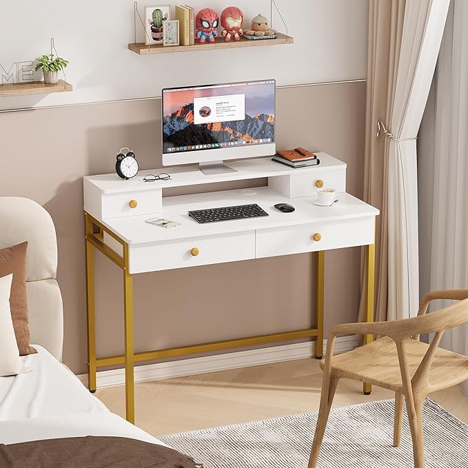 Elephance Small Computer Desk with Monitor Stand 39.37" Home Office Desk with 4 Drawers Study Writing Desk Gaming Table for Small Space - LeafyLoom