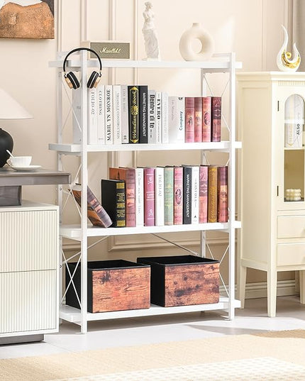 HCHQHS Bookshelf, 4-Tier Industrial Bookcase, White Open Book Shelf, Freestanding Tall Bookshelves with Metal Frame - LeafyLoom