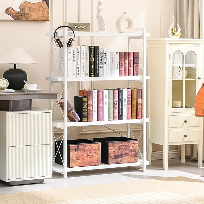 HCHQHS Bookshelf, 4-Tier Industrial Bookcase, White Open Book Shelf, Freestanding Tall Bookshelves with Metal Frame - LeafyLoom