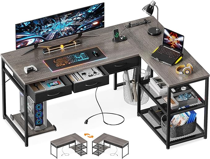 AODK 53 Inch L Shaped Computer Desk with Drawers, Corner Desk with Power Outlets & Reversible Storage Shelves, Movable CPU Stand for Home Office Gaming, Oak Grey - LeafyLoom
