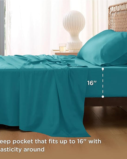 Bedsure Twin XL Sheet Set Dorm Bedding, Cooling Sheets Twin Extra Long Sheets, Rayon Derived from Bamboo, Deep Pocket Up to 16", Hotel Luxury Silky Bedding Sheets & Pillowcases, Turquoise - LeafyLoom