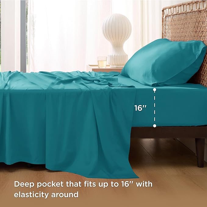 Bedsure Twin XL Sheet Set Dorm Bedding, Cooling Sheets Twin Extra Long Sheets, Rayon Derived from Bamboo, Deep Pocket Up to 16", Hotel Luxury Silky Bedding Sheets & Pillowcases, Turquoise - LeafyLoom