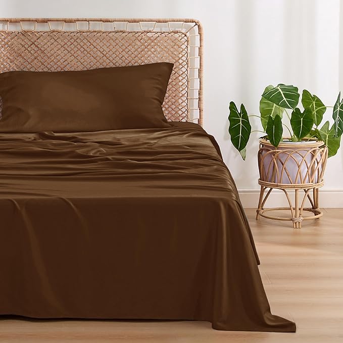 Bedsure Twin XL Sheet Set Dorm Bedding, Cooling Sheets Twin Extra Long Sheets, Rayon Derived from Bamboo, Deep Pocket Up to 16", Hotel Luxury Silky Bedding Sheets & Pillowcases, Brown - LeafyLoom