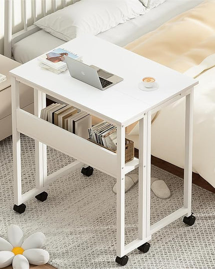 GreenForest Folding Desk White Desk with Storage Shelf,24.8 inch Foldable Computer Desk with Wheels Small Desk for Small Space,Easy Assembly,Pure White - LeafyLoom