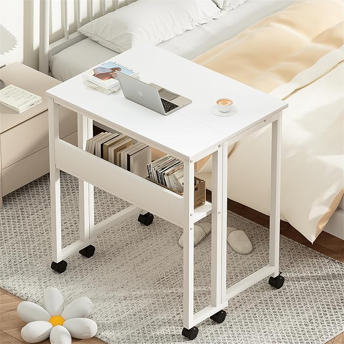 GreenForest Folding Desk White Desk with Storage Shelf,31.5 inch Foldable Computer Desk with Wheels Small Desk for Small Space,Easy Assembly,Pure White - LeafyLoom