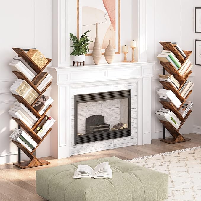 HOOBRO Tree Bookshelf, 9-Tier Bookcase Wooden Shelves, Floor Standing Storage Rack, for Display of CDs, Books in Living Room, Home Office, Wood Storage Rack for Bedroom, Rustic Brown BF08SJ01G1 - LeafyLoom
