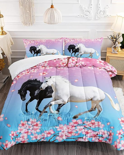 Kid Horse Comforter Set Room Floral Animal Theme Handsome Horse Chic Cherry Blossom Bedding Set 3D Wild Animal Decor Quilt Set for Girls Adult, 1 Comforter + 2 Pillowcases - LeafyLoom