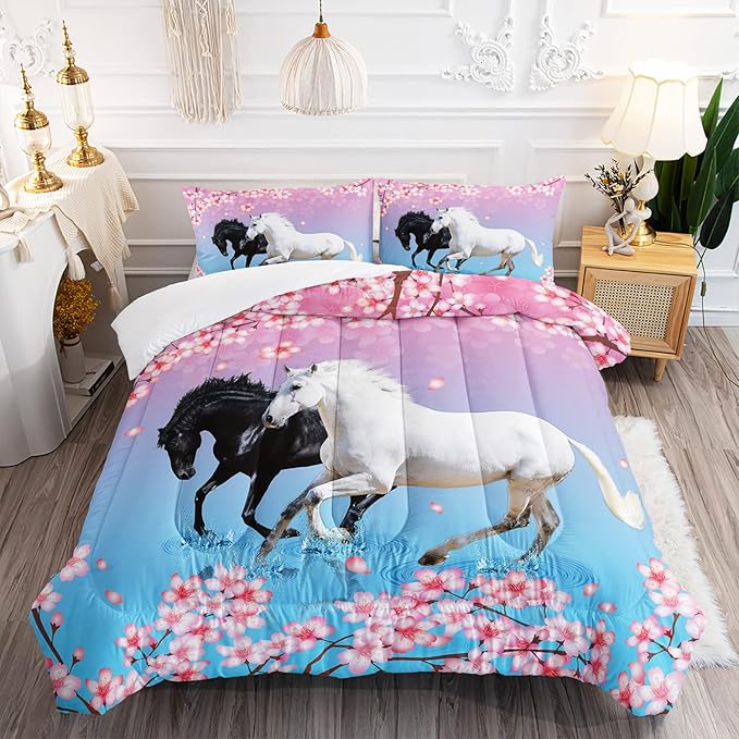 Kid Horse Comforter Set Room Floral Animal Theme Handsome Horse Chic Cherry Blossom Bedding Set 3D Wild Animal Decor Quilt Set for Girls Adult, 1 Comforter + 2 Pillowcases - LeafyLoom