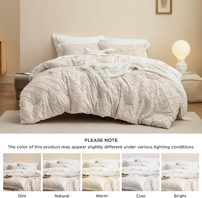 Bedsure Full Size Comforter Set - Beige Comforter, Boho Tufted Shabby Chic Bedding Comforter Set, 3 Pieces Vintage Farmhouse Bed Set for All Seasons, Fluffy Soft Bedding Set with 2 Pillow Shams - LeafyLoom