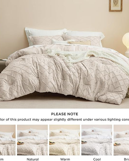 Bedsure Queen Comforter Set - Beige Comforter, Boho Tufted Shabby Chic Bedding Comforter Set, 3 Pieces Vintage Farmhouse Bed Set for All Seasons, Fluffy Soft Bedding Set with 2 Pillow Shams - LeafyLoom