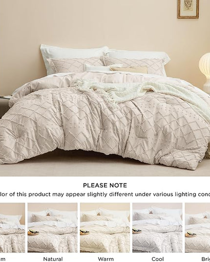 Bedsure King Size Comforter Set - Beige Comforter, Boho Tufted Shabby Chic Bedding Comforter Set, 3 Pieces Vintage Farmhouse Bed Set for All Seasons, Fluffy Soft Bedding Set with 2 Pillow Shams - LeafyLoom