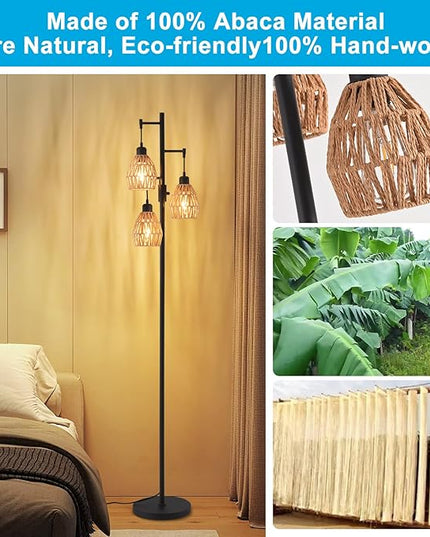 Boho Rattan Floor Lamp - Standing Lamps for Living Room 70'' Dimmable Floor Lamp with Cage Shade, Industrial Farmhouse Floor Lamps Rustic Floor Lamps Vintage Lamp for Living Room Bedroom Office - LeafyLoom
