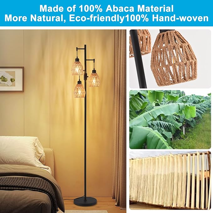 Boho Rattan Floor Lamp - Standing Lamps for Living Room 70'' Dimmable Floor Lamp with Cage Shade, Industrial Farmhouse Floor Lamps Rustic Floor Lamps Vintage Lamp for Living Room Bedroom Office - LeafyLoom