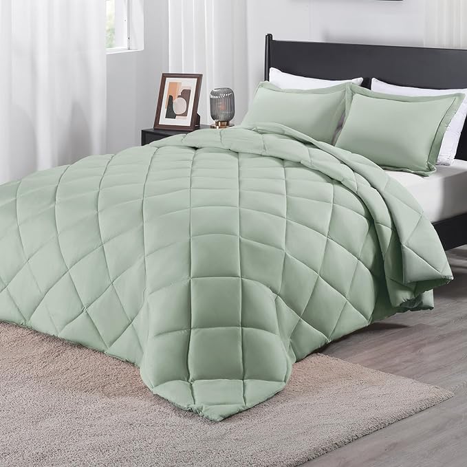 downluxe King Size Comforter Set - Sage Green King Comforter Set, 3 Pieces Soft Solid Comforter King Size Set for All Seasons, 1 Lightweight Fluffy Comforter (104"x92") and 2 Pillow Shams - LeafyLoom