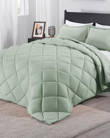downluxe Queen Comforter Set - Sage Green Comforter Set Queen, 3 Pieces Solid Comforter Set Queen Size for All Seasons, 1 Lightweight Fluffy Comforter (88"x92") and 2 Pillow Shams - LeafyLoom