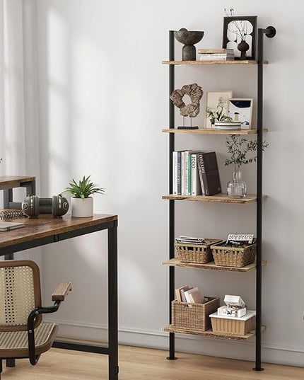 5-Tier Bookshelf Solid Wood Ladder Shelf, Narrow Book shelf Display Shelf, Wooden Ladder Shelf Bookcase, Wall Mount Ladder Shelf, Storage Rack for Living Room, Bedroom, Industrial Style, Rustic Brown - LeafyLoom