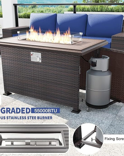 Kullavik 10PCS Outdoor Patio Furniture Set,PE Wicker Rattan Sectional Sofa Patio Conversation Sets with 43" 55000BTU Gas Propane Fire Pit Table,Swivel Rocking Chairs Set,Dark Blue - LeafyLoom