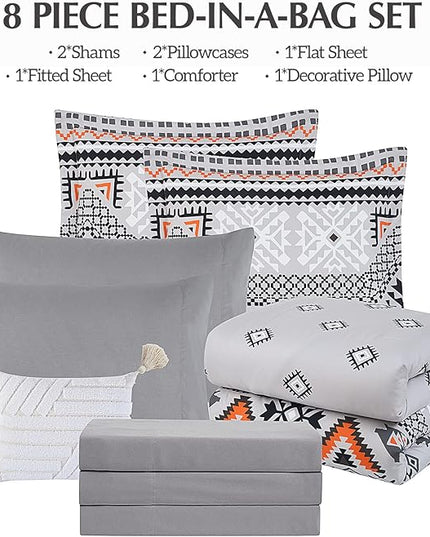 CASAAGUSTO Queen Comforter Set, 8 Pieces Gray Orange Boho Comforter Set, Microfiber Cozy Bohomian Bedding Set with Decor Pillow, Lightweight Breathable for All Seasons - LeafyLoom