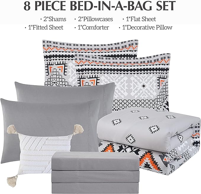 CASAAGUSTO King Comforter Set, 8 Pieces Gray Orange Boho Comforter Set, Microfiber Cozy Bohomian Bedding Set with Decor Pillow, Lightweight Breathable for All Seasons - LeafyLoom