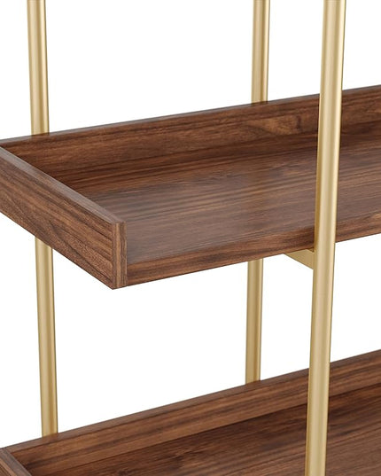 Martha Stewart Emmett 3 Shelf Bookcase with Vertical Metal Frame, Home Office Storage Display Unit, 35"H, Walnut Wood Grain/Polished Brass - LeafyLoom
