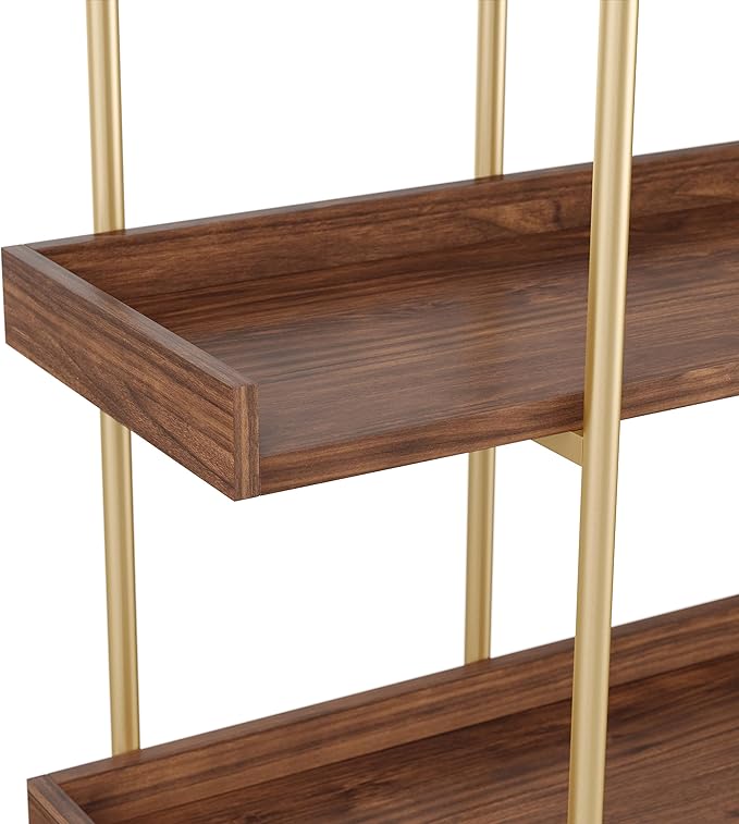 Martha Stewart Emmett 3 Shelf Bookcase with Vertical Metal Frame, Home Office Storage Display Unit, 35"H, Walnut Wood Grain/Polished Brass - LeafyLoom