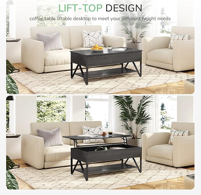 Novilla Lift Top Coffee Table with Storage 40 Inch Wood Lift Up Center Table for Living Room Tea Table with Hidden Compartment Rising Tabletop Table Cocktail Table, Black - LeafyLoom