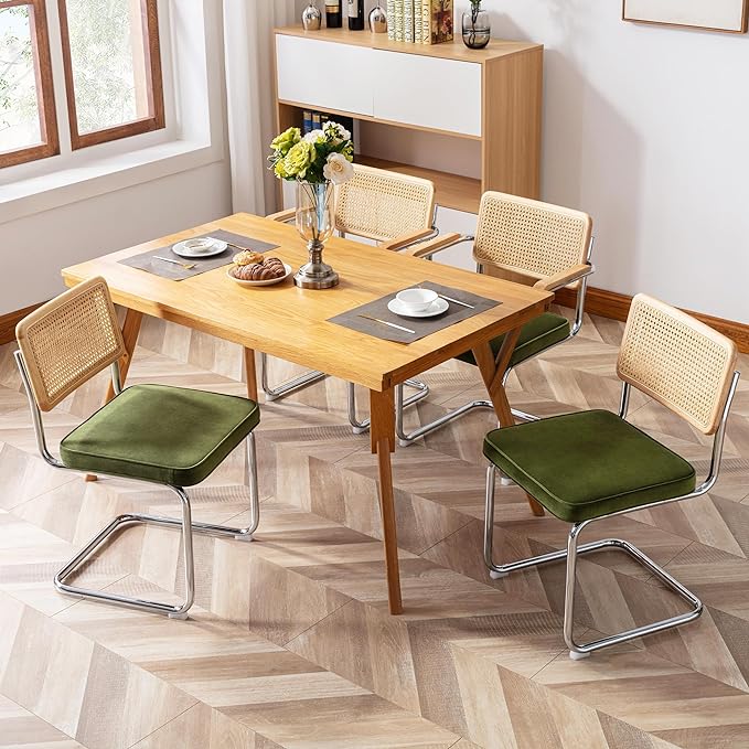 Zesthouse Dining Chairs Set of 4, Velvet Accent Chairs with Natural Cane Back & Stainless Chrome Base, Modern Mid Century Breuer Designed Chairs, Upholstered Rattan Dining Room Kitchen Chairs - LeafyLoom