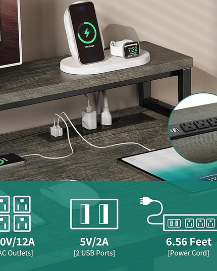 YITAHOME L Shaped Desk with Drawers, 55" Corner Computer Desk with Power Outlets, L-Shaped Desk with LED Lights & File Cabinet for Home Office, Grey - LeafyLoom