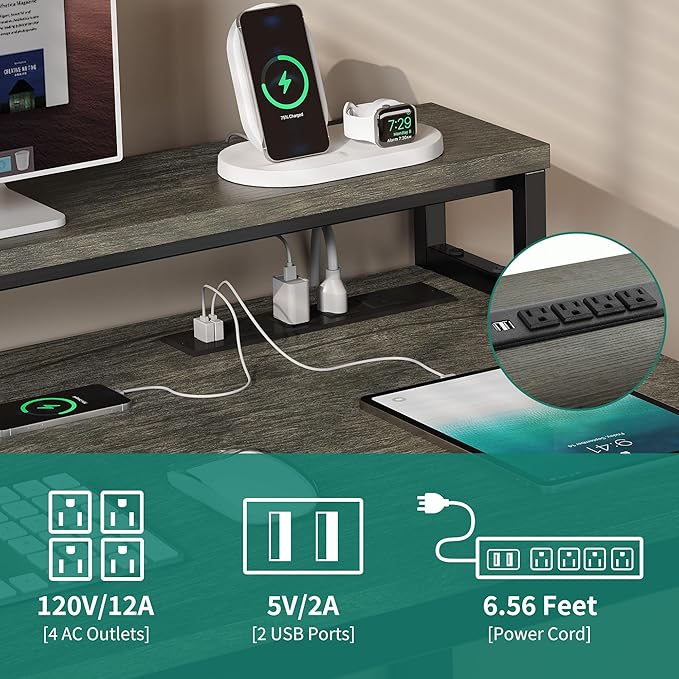 YITAHOME L Shaped Desk with Drawers, 55" Corner Computer Desk with Power Outlets, L-Shaped Desk with LED Lights & File Cabinet for Home Office, Grey - LeafyLoom