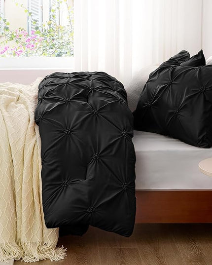 BEDELITE Black Comforter Set Queen - 3 Pieces Boho Pintuck Bedding Comforter Sets, Lightweight Soft & Warm Bed Comforter Queen with 2 Pillowcases for All Season - LeafyLoom