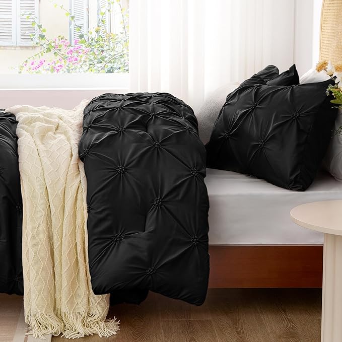 BEDELITE Black Comforter Set Queen - 3 Pieces Boho Pintuck Bedding Comforter Sets, Lightweight Soft & Warm Bed Comforter Queen with 2 Pillowcases for All Season - LeafyLoom