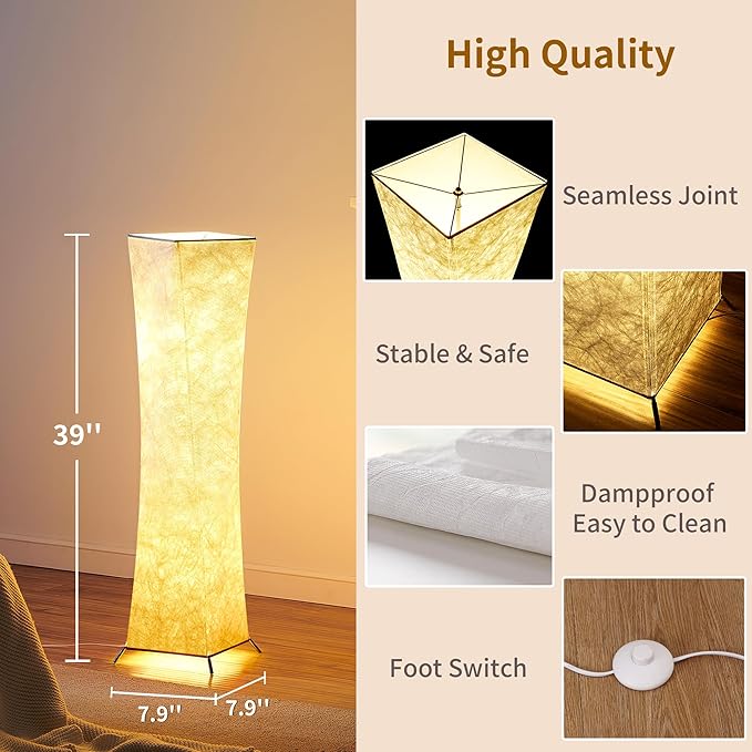 chiphy Floor Lamp, Dimmable 39" (XS) Tall Standing Lamp, 3 Levels Adjustable Brightness 12Wx2 LED Bulbs, Column Floor Light w/White Fabric Shade, Home Decor for Living Room, Bedroom, Kids Room - LeafyLoom