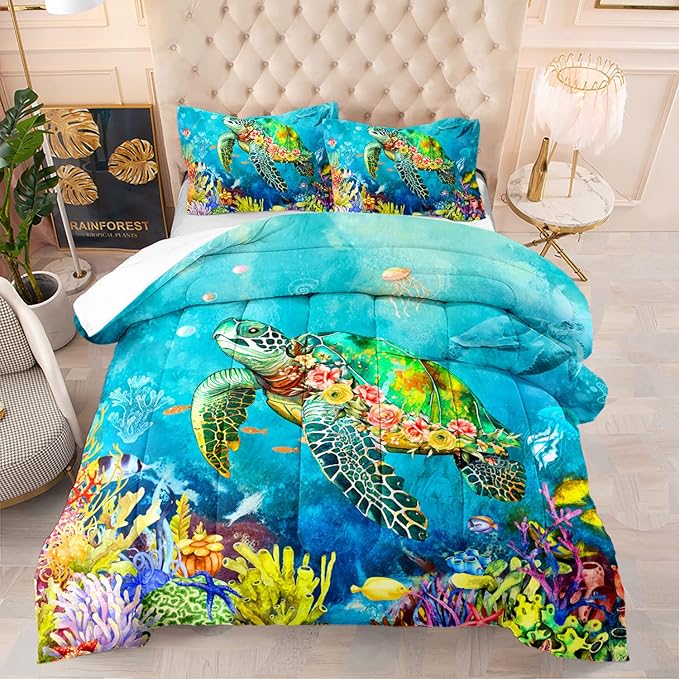 Kids Turtle Rose Comforter Set Twin Beach Theme Jellyfish Starfish Bedding Set Sea Animal Reptile Bed Set with 2 Pillowcases for Boys Girls Room Decor - LeafyLoom