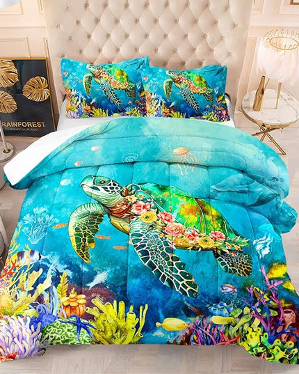 Kids Turtle Rose Comforter Set Queen Beach Theme Jellyfish Starfish Bedding Set Sea Animal Reptile Bed Set with 2 Pillowcases for Boys Girls Room Decor - LeafyLoom