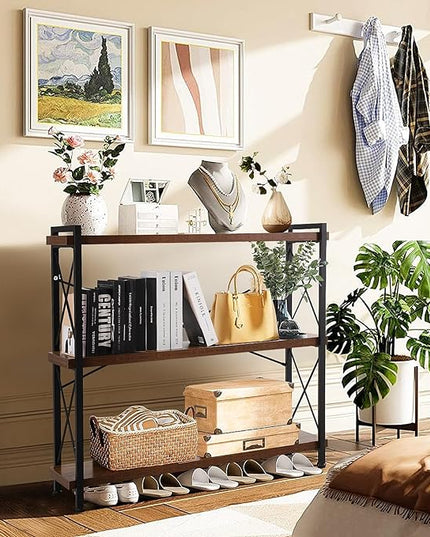 Small Shelf Industrial Bookshelf,3-Tier Wood Short Book Shelf Office Shelves with Metal Frame,Rustic Bookshelves Open Shelf Bookcase for Bedroom,Living Room,Office Home(Berry Brown) - LeafyLoom