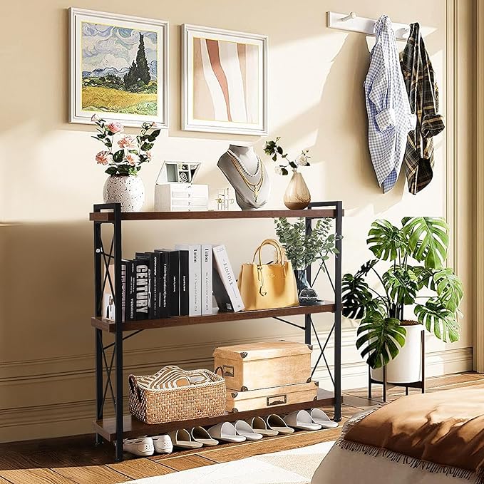 Small Shelf Industrial Bookshelf,3-Tier Wood Short Book Shelf Office Shelves with Metal Frame,Rustic Bookshelves Open Shelf Bookcase for Bedroom,Living Room,Office Home(Berry Brown) - LeafyLoom