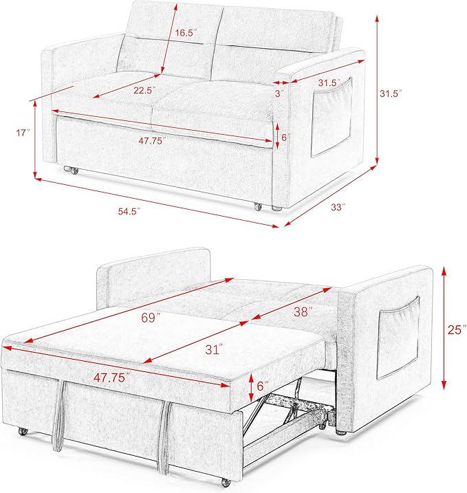 3 in 1 Sleeper Sofa Bed,Contemporary Minimalist Style 2 Seater Loveseat Convertible Sofa&Couch with Pull Out Sofabed and Side Storage Pockets for Home,Office,Apartment,RV Living Room Furniture - LeafyLoom